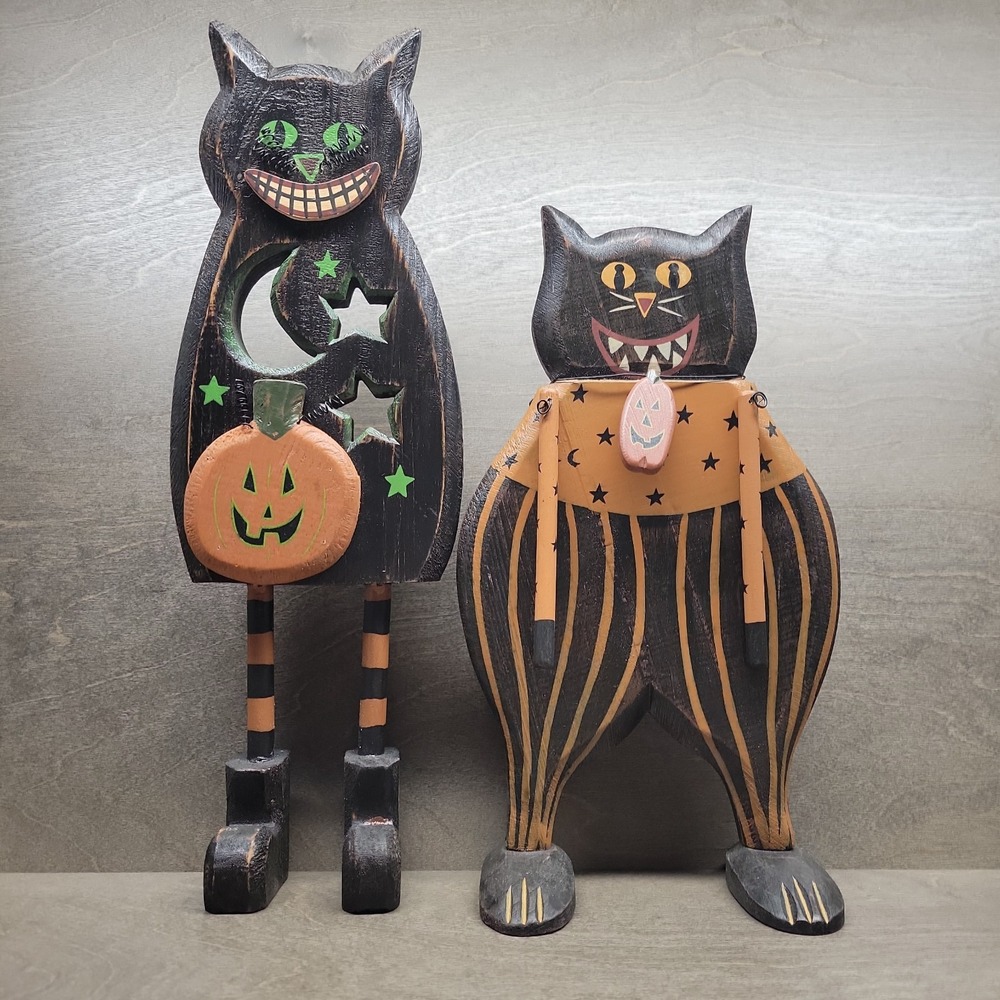 Lot of 2 Wood Halloween Figurines Black Cat Rustic Folk Art Painted Wooden